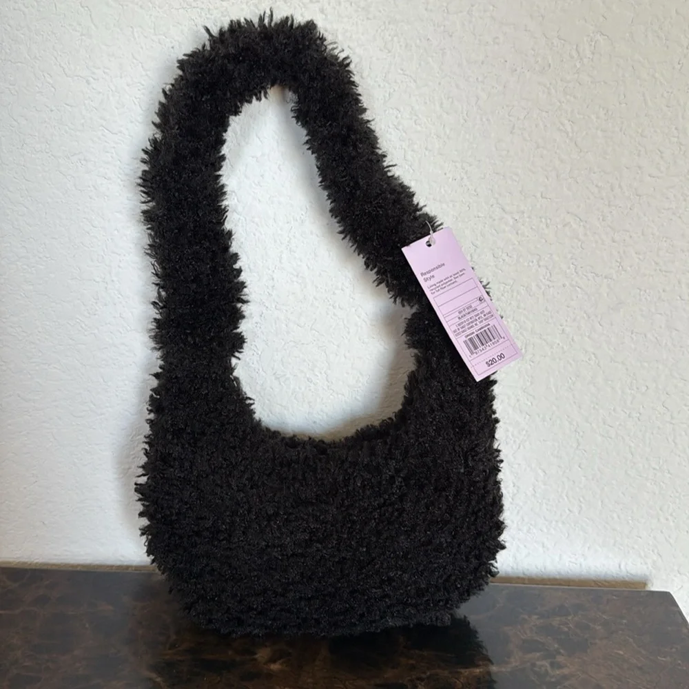 New! Slouchy Faux Fur Hobo Shoulder Handbag - Wild Fable, Black